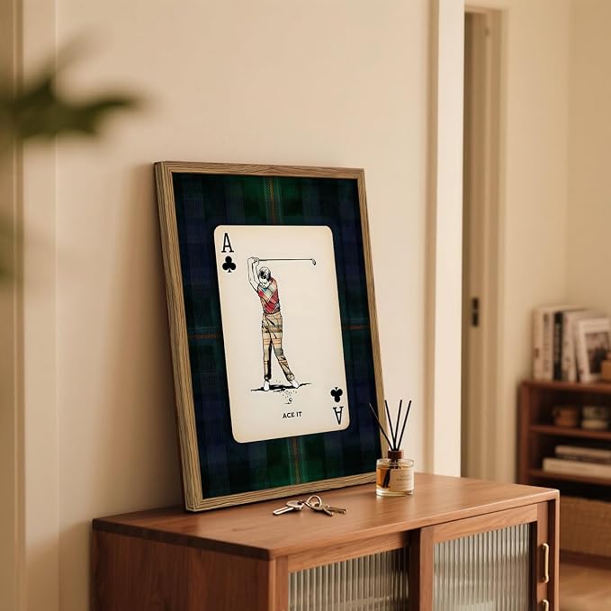 Vintage Golf Wall Art, Playing Card Golfer Sports Wall Decor Paintings Retro Navy Plaid Canvas Prints Picture for Bedroom Living Room Man Cave Country Club 16x24 inch Wood Framed