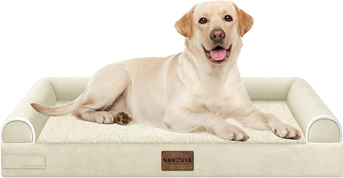 Orthopedic Dog Bed for Large Dogs, 38 x 25 Inch, Beige | Egg crate foam for joint support, 3-sided bolster pet sofa, waterproof lining, washable cover, and non-skid base