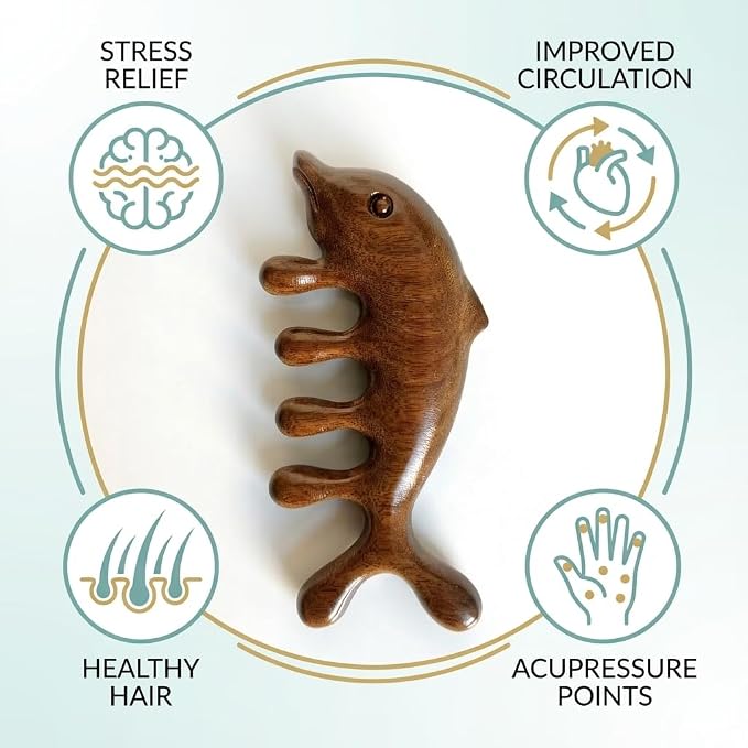 Wooden Gua Sha Scalp Massage Comb, Wide Tooth, Sandalwood | Traditional Design, Hair and Body Massager