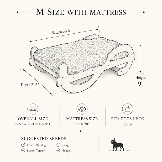 Wooden Elevated Dog Bed with Plush Mattress,M, Up to 60 lb | Raised Dog Bed Furniture with Walnut GrainPattern Frame, Designer Pet Sofa for Indoor Home Decor