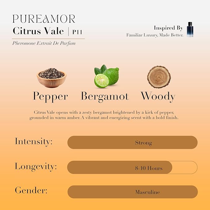 PUREAMOR Pheromone Perfume for Women, Citrus Vale Extrait de Parfum – Bright Citrus Scent with Bergamot, Orange & Jasmine, Long Lasting Fragrance, 0.4 oz / 12 ml Travel Size