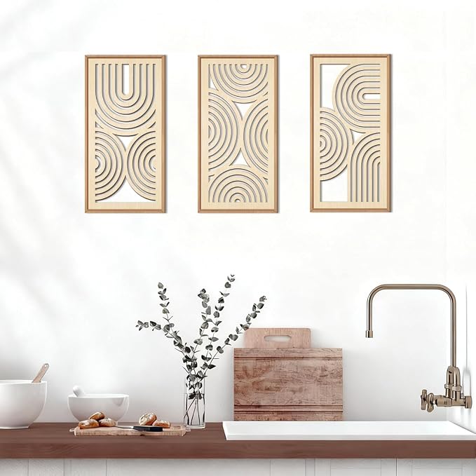 IARTTOP Boho Wooden Framed Wall Art Set of 3 Mid-Century Modern Wood Wall Decor Minimalist Natural Bohemian Home Decor for Living Room Dining Room Office