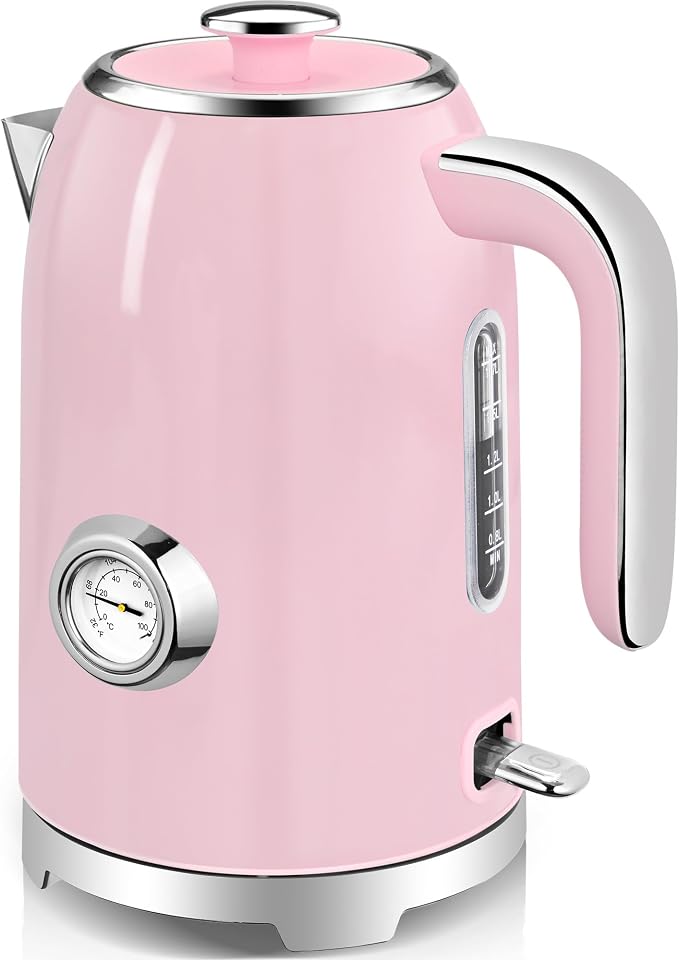 SUSTEAS Electric Kettle - 57oz Hot Tea Water Boiler with Thermometer, 1500W Fast Heating Stainless Steel Pot, Cordless LED Indicator, Auto Shut-Off & Boil Dry Protection, Pink