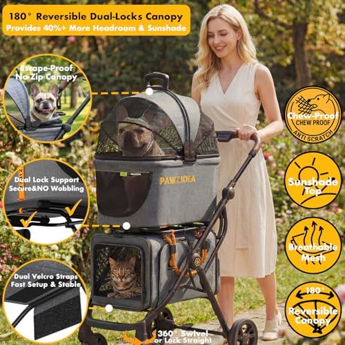 PAWZIDEA Double Pet Stroller with 2 Detachable Carrier, Multifunctional
