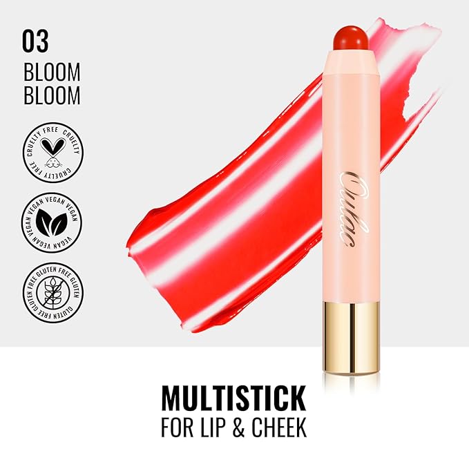 Oulac Red Lipstick - Lipstain and Blush Duo, Tinted Lip Balm, Moisturising and Nourishing, Glossy Finish, Vegan, Bloom Bloom(03)