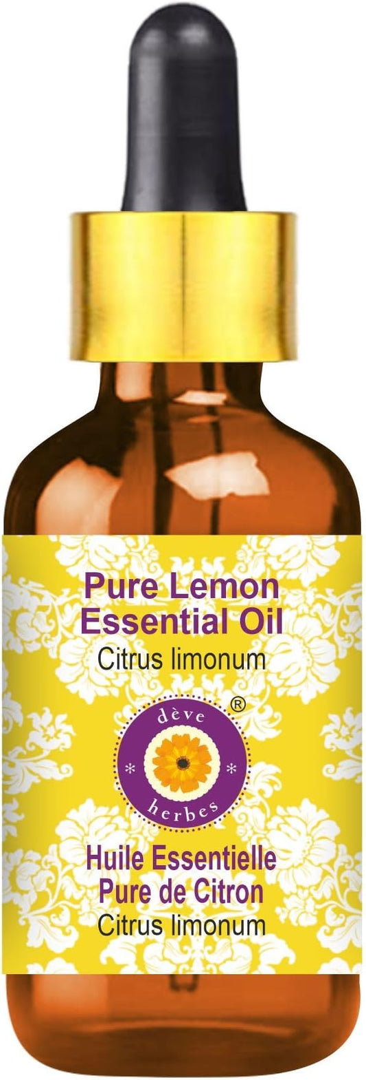 Deve Herbes Pure Lemon Essential Oil (Citrus limonum) with Glass Dropper Steam Distilled 10ml (0.33 oz)