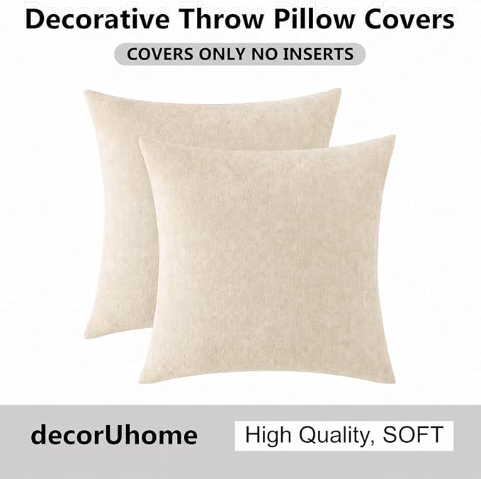 decorUhome Soft Chenille Beige Throw Pillow Covers 16X16 Set of 2 | Decorative Fall Couch Pillow Covers Solid Dyed Accent Modern Farmhouse Neutral Square Pillow Cases for Sofa
