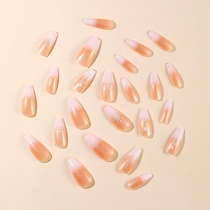 White Christmas Tree Snowflake Press-on Nails Long Ballerina Coffin Winter Xmas Gradient Design Glue-on Glossy Full Cover Acrylic for Women Girls DIY Christmas Fake