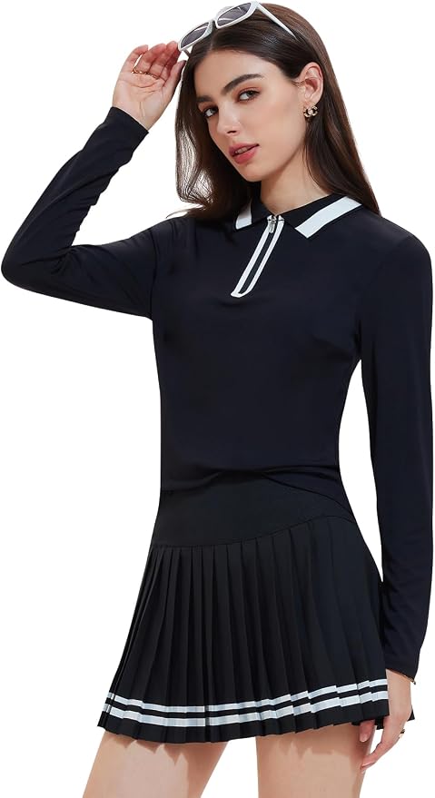 Women's 2-Piece Tennis Skirt Set, Polo V-Neck Top & High-Waisted Pleated Skirt, Athletic Outfit for Golf Pickleball