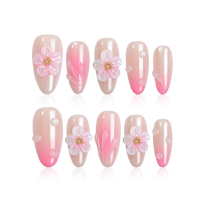 Handmade Press On Nails Almond, French Tips 3D Flowers Rhinestone Water Ripple Design Short Fake Nails, Salon-Quality Reusable, Fall/Winter Gift for Women 10Pcs Pink