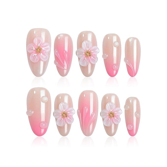 Handmade Press On Nails Almond, French Tips 3D Flowers Rhinestone Water Ripple Design Short Fake Nails, Salon-Quality Reusable, Fall/Winter Gift for Women 10Pcs Pink