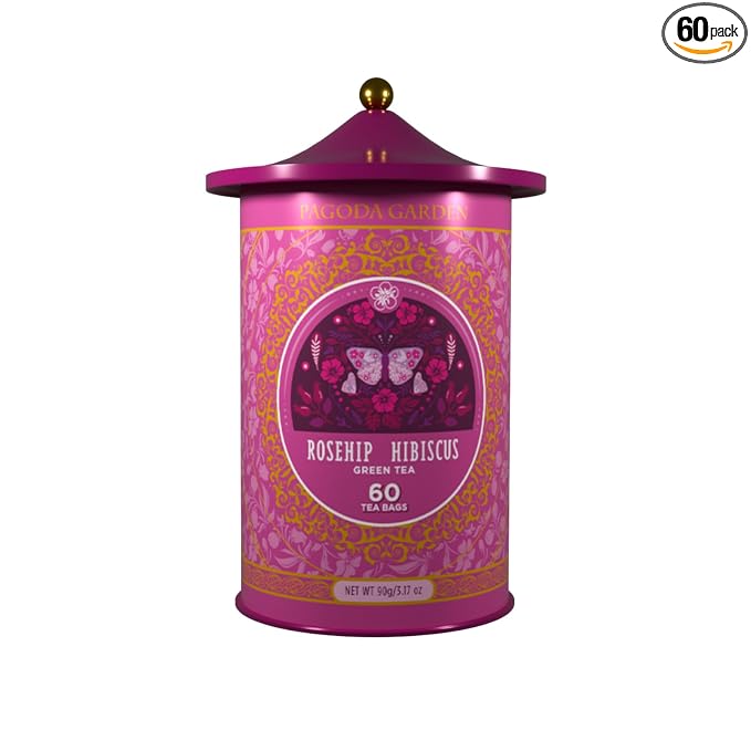 Life Plus Style Gourmet Pagoda Garden Rosehip Hibiscus Green Tea Herbal Tea Caffeinated Hot or Iced Natural Ceylon 60 Tea Bags