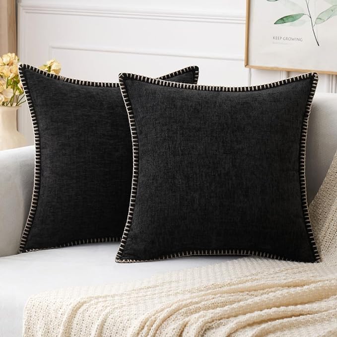 MIULEE Decorative Couch Throw Pillow Covers 18x18 Inch Black 2 Pack | Halloween Farmhouse Pillow Covers with Stitched Edge, Soft Chenille Cushion Cases, for Sofa Bed Living Room Home Decor