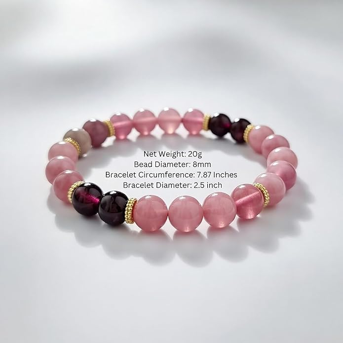 Natural Healing Crystal Gemstone Bracelet Handcrafted Crystal Bead Stretch Bracelet Yoga Meditation Beaded Bracelet with Love & Compassion Symbolic Theme for Women Girl (8mm, Rose Quartz, Rhodonite, Garnet)