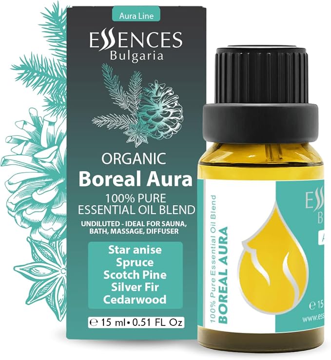 Essences Bulgaria Boreal Aura Organic Essential Oil Blend 0.5 Fl Oz | 15ml | Silver Fir, Scotch Pine, Norway Spruce, Star Anise, Cedarwood | Aromatherapy, Sauna & SPA | 100% Pure & Natural | Undiluted