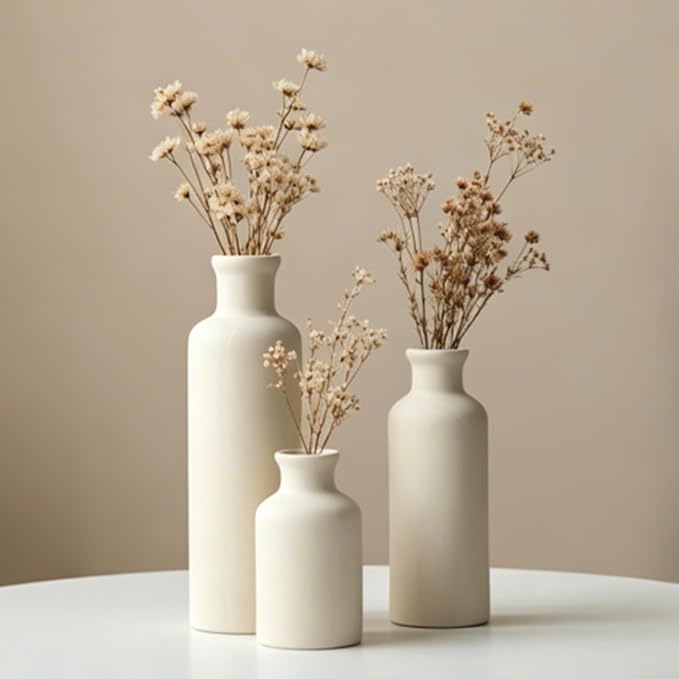 Modern Ceramic Vase Set of 3, Beige Colors, Decorative Bottles for Home, Farmhouse Rustic Decor, Housewarming Gifts, Wedding Gifts, Bridal Shower Gifts, Birthday Gifts for Women (Beige)