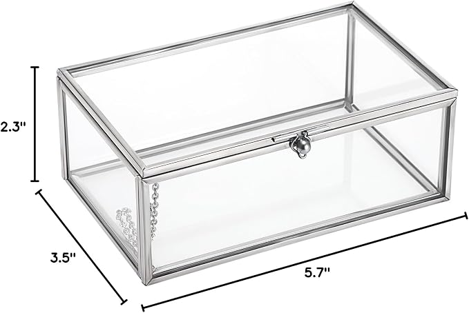 Hipiwe Vintage Glass Keepsake Box Small Jewelry Display Case Lidded Box | Home Decor Accent Decorative Glass Box Organizer for Storage Trinket Rings Bracelet, Silver