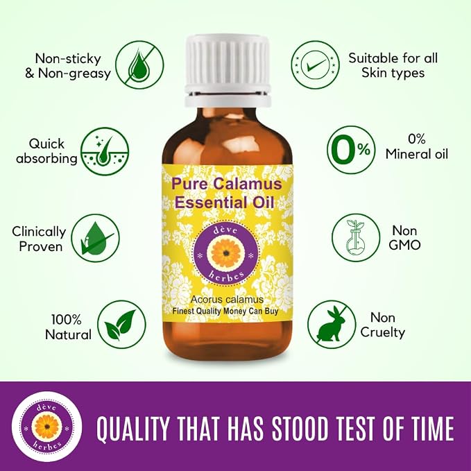 Deve Herbes Pure Calamus Essential Oil (Acorus Calamus) Steam Distilled 10ml (0.33 oz)