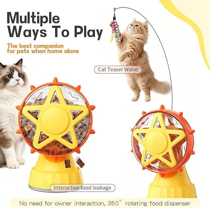 2-in-1 Interactive Cat Toy, Rotating Treat Dispenser with Strong Suction Cup & Teaser Wand, Adjustable Slow Feeder Puzzle Toy for Cats, Boredom Relief & Mental Stimulation Fits Kibble ,Treats (Yellow)