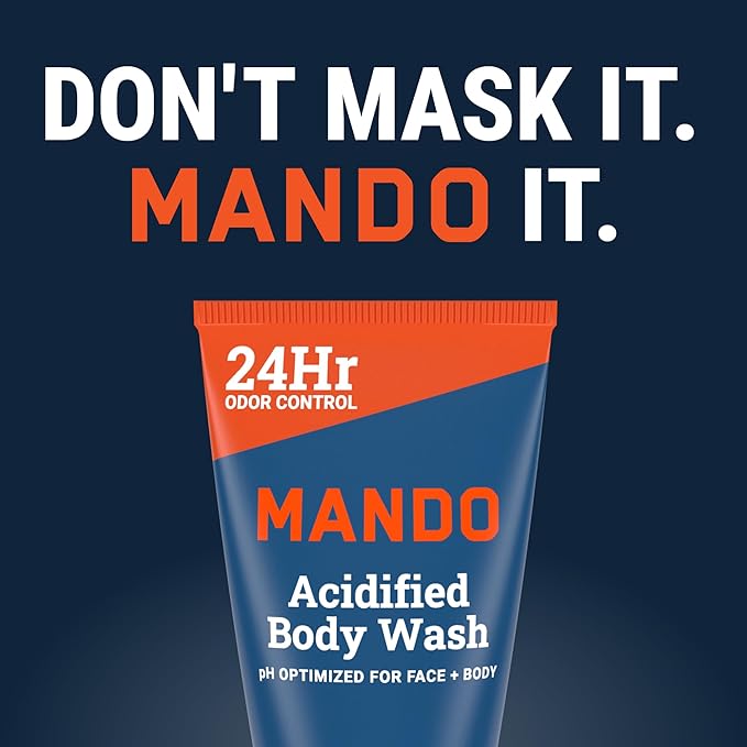 Mando Smooth Solid Stick (2.6 Ounce) + Acidified Body Wash (8.5 Ounce) - Clinically Proven to Block Odor All Day - Whole Body Safe For Pits, Packages + Feet (Pro Sport)