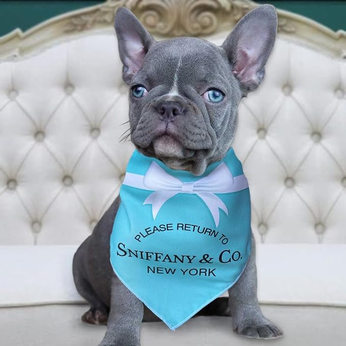 Dog Bandana Sniffany & Co. Designer Fashion Clothes Scarf kercheif for Small Medium and Large Dogs. Funny Parody Gift for Girl or boy Dog Soft Durable Fabric, Adjustable tie-on Style Triangle