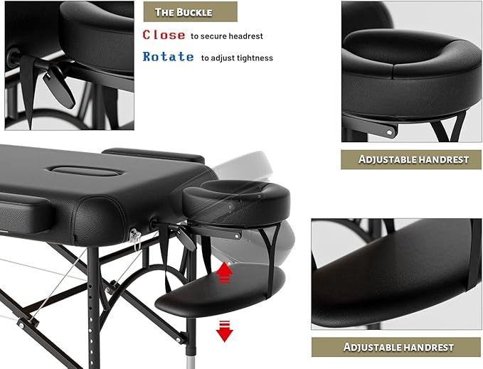 Professional Massage Table Portable 3 Fold Premium Memory Foam Aluminium Leg Hold Up to 1100LBS 8 Heights Adjustable with Carrying Bag Black