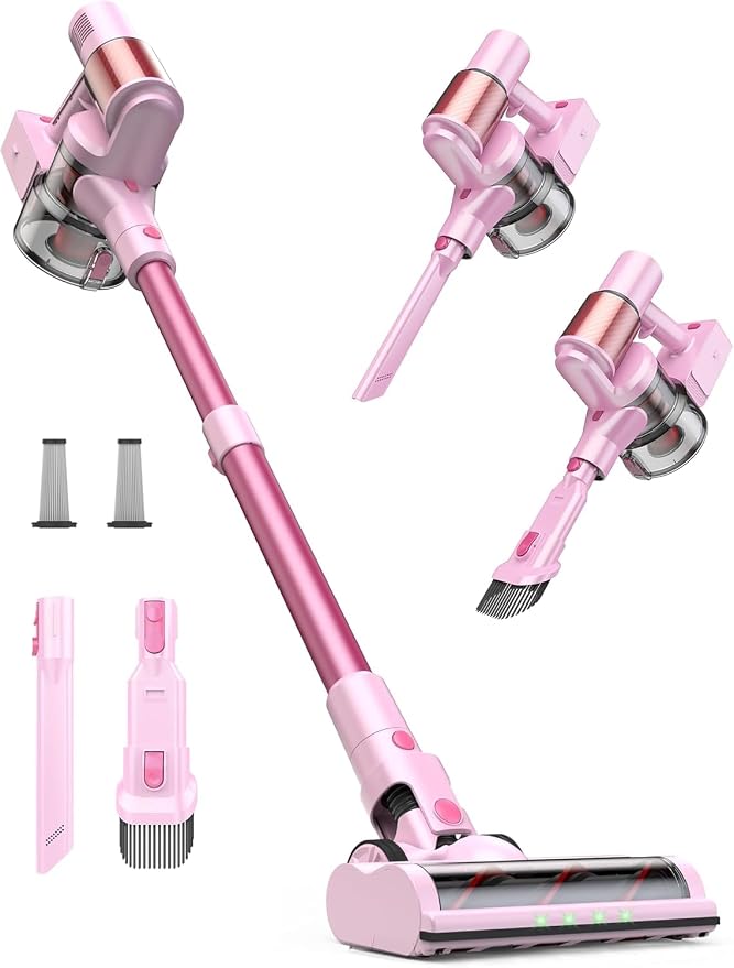 Pink Cordless Stick Vacuum Cleaner, 50Kpa/600W/60 Mins for Home/Pet Hair | Self-Standing and Touch Screen, Anti-Tangle Wireless Vacumm for Carpets/Floors