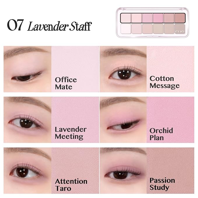 CLIO Pro Eye Palette Air, 12-Color Eye Shadow Palette, Matte Shimmer Mix, Air-Fit Blendable Pigmented Buildable Color, Low Fallout, Cool Mauve Neutral Tone, Daily Korean Makeup (07 LAVENDER STAFF)
