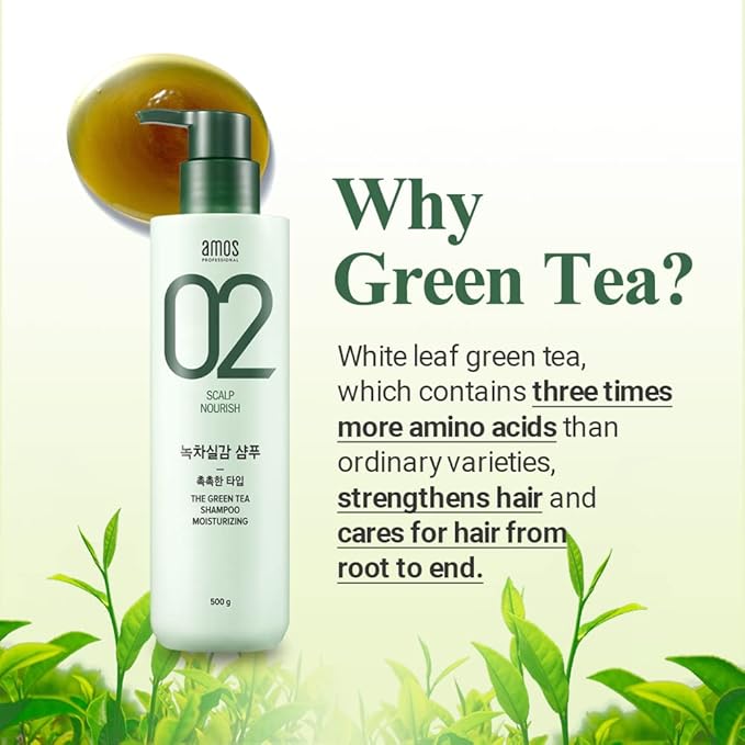 AMOS PROFESSIONAL The Green Tea Shampoo Moisturizing [For Normal/Dry Scalp] 17.6oz (500g) | Anti-Thinning and Anti- Hair Loss Shampoo for Hair Growth and Moisture | Korean Hair Salon Brand