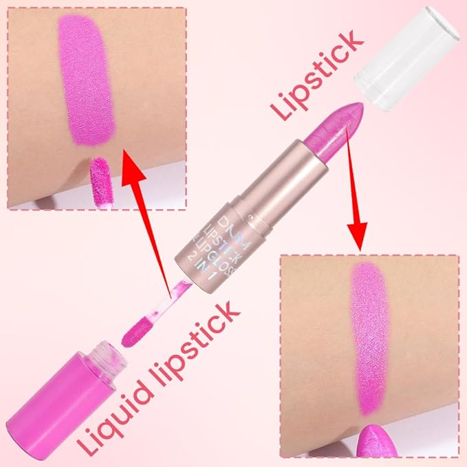 evpct 2 in 1 Hot Pink Glitter Metallic Shimmer Diamond Lipstick and Lip Gloss Set for Women Long Lasting Waterproof, Rose Pink Sparkle Glitter Shiny Lipstick and Lip Liner Makeup Set, 04#