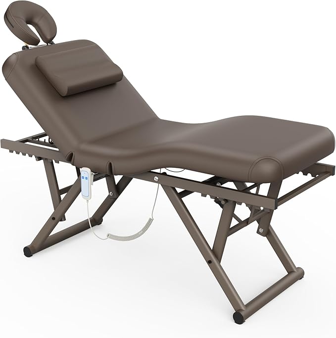 pouseayar Adjustable Massage Table with Face Pillow & Headrest, Silent and Easy to Adjust for Treatment Table Physical Therapy Table Spa Facial Bed - Adjustable Backrest, Electric Leg Lifting, Brown