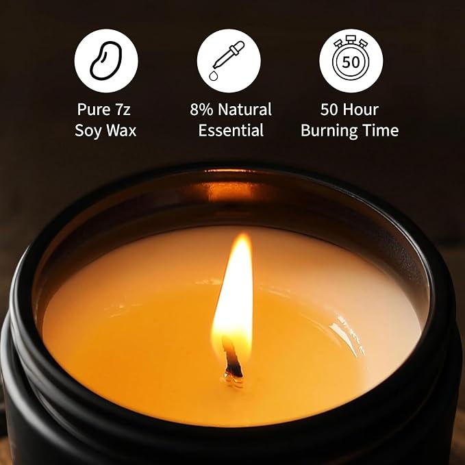 Smoke & Vanilla Candle, 7 oz Scented Candle for Men, Soy Candles for Home Scented, Masculine Jar Candle for Him, 50 Hours Burning Time Mens Candle Gift for Boyfriend, Father, Birthday Present Giving