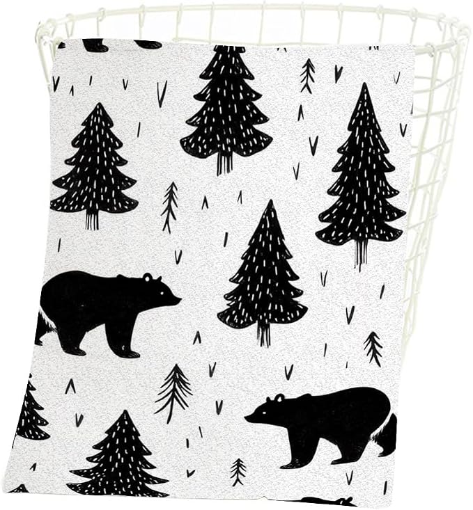Woodland Black Bears Hand Towel Mountain,Grizzly Trees Face Towels Suit Travel Sports Pool Swimming Bath Camping Spa Gym Yoga,15x30 Inch