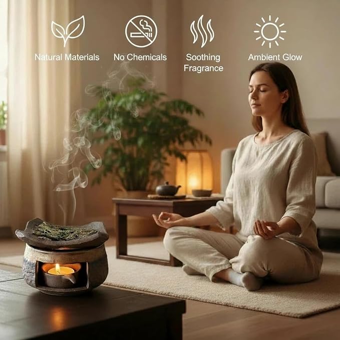 Zen Incense Burner Kit,Ceramic Aromatherapy Burner for Cedar Essential Oil Burner,Tea Light Teapot Warmer Candle Holder for Home Office Meditation Relaxation Decor