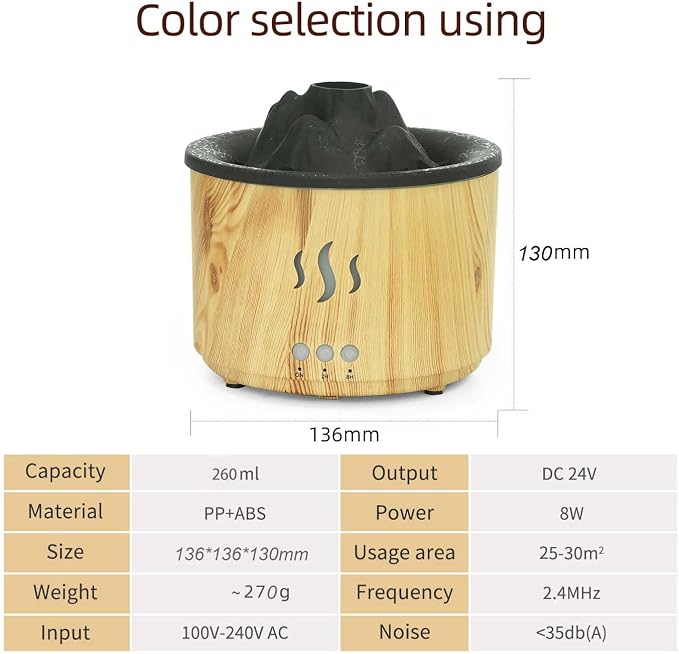 Volcano Essential Oil Diffuser with Jellyfish Mist - 260ml Ultrasonic Aromatherapy Diffuser, Color-Changing LED, Quiet Operation, Auto Shut-Off - Wood Grain Humidifier & Night Light
