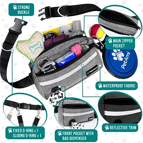 PetAmi Hands Free Dog Leash Waist Belt Bag Fanny Pack, Single, Heather Grey
