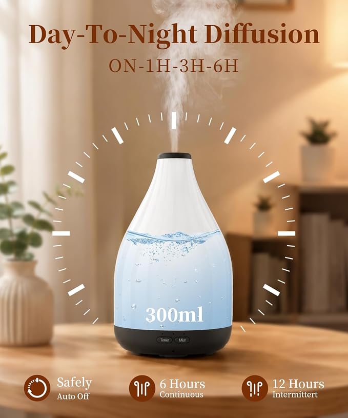 Modern Oil Diffuser for Essential Oils, Large Capacity 300ml Aroma Diffusers for Home Office Living Room, Ultrasonic Cool Mist 12H Fragrance, Meditation, Yoga, 1-3-6 Hours Timer Off, Black