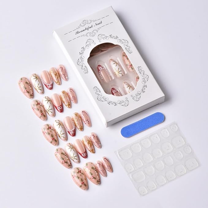 Christmas Press on Nails Gingerbread Man Fake Nails Holly Glue on Nails with Candy Cane Design Medium Almond False Nail Glossy Full Cover Artificial Acrylic Xmas Stick on Nail for Women Manicure 24Pcs