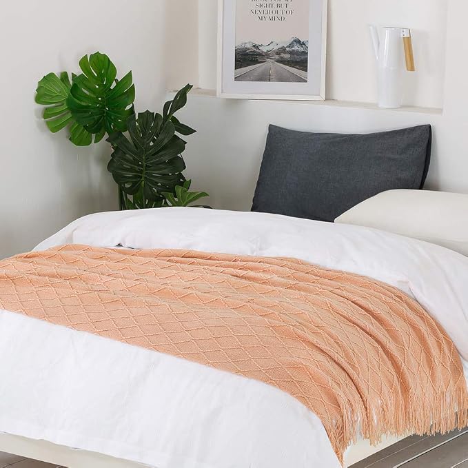 BOURINA Orange Throw Blanket 60x80 Inch Boho Knit Soft Throw Sofa Blanket | Knitted Throw Blanket 60x80 Inches, Soft Lightweight Boho Weave Throw Decorative Couch Blanket for Living Room Bedroom Chair