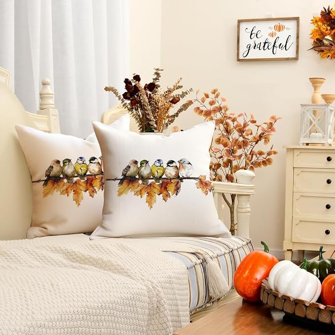 RABUSOFA Fall Pillow Covers 20x20 Inch Watercolor Bird Autumn Decorations for Home Outdoor Thanksgiving Decor Maple Leaf Decorative Throw Pillow Cases Farmhouse for Couch Sofa