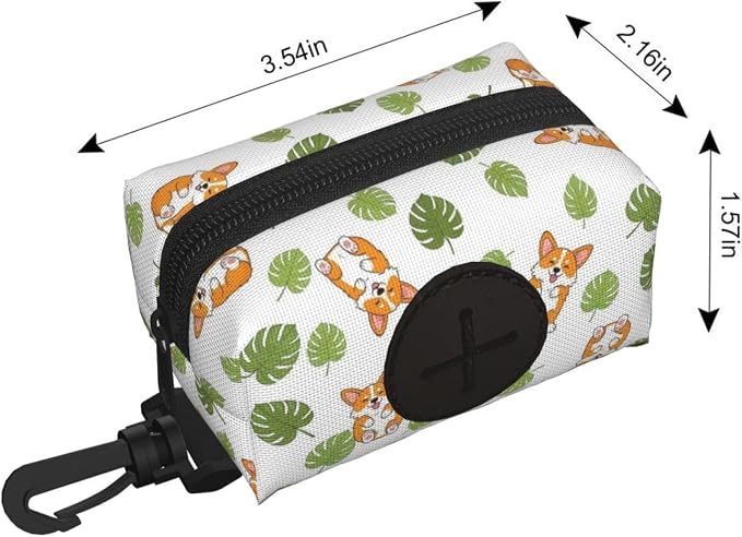 Cute Corgi Funny Fat Dog Tropical Leaves Dog Waste Bag Dispenser Pet Poop Bags Holder Zipper Small Doggy Puppy Pouch