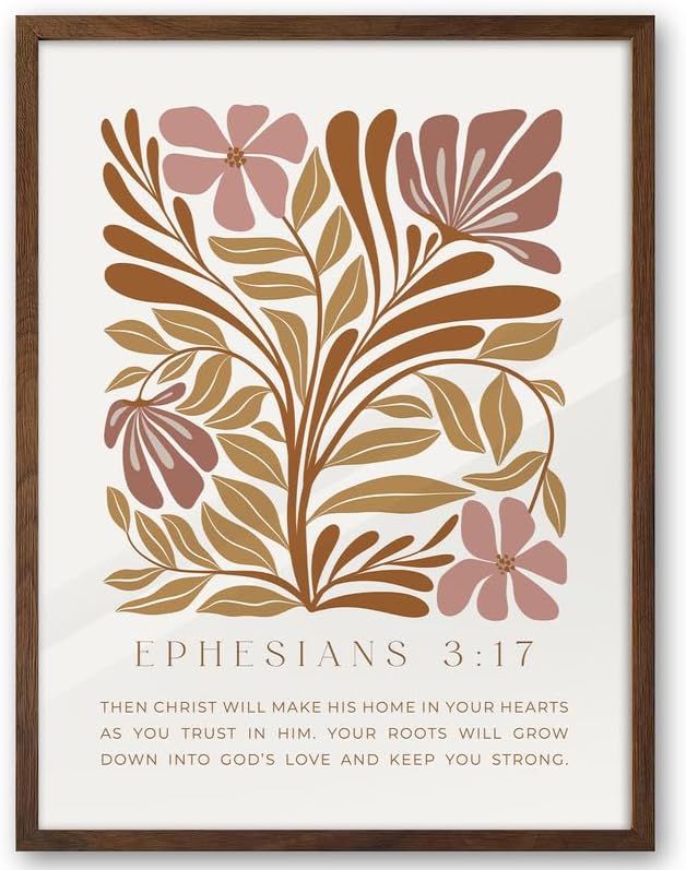 EcoHest 12x16 in Ephesians 3:17 Abstract Floral Framed Christian Wall Art | Walnut Color Solid Oak Frame，Canvas Wall Art, Scripture Bible Verse Wall Decor for Bedroom, Living Room, Office, Church,1Pack