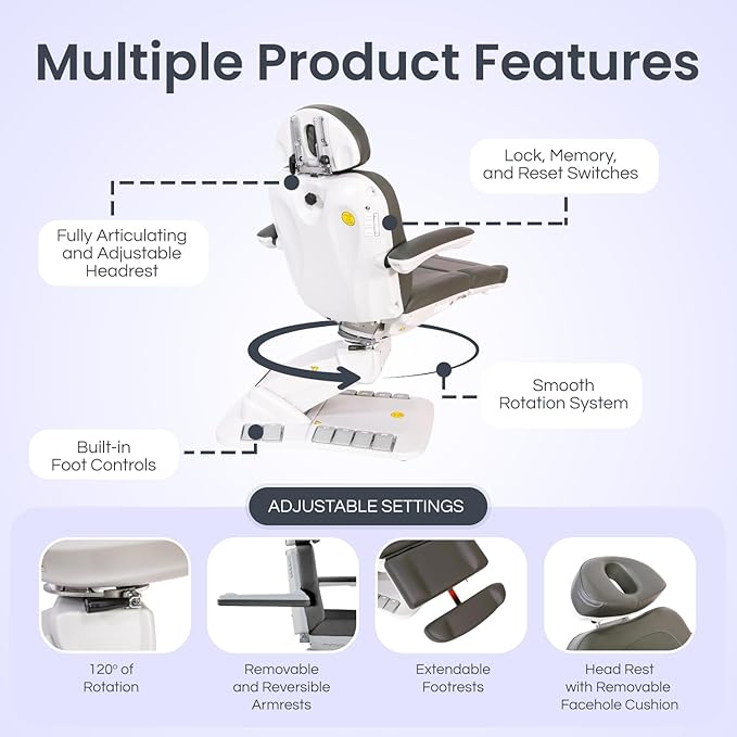 Premium Facial Bed for Esthetician, Electric Med Spa Chair with 120° Rotation, Built-in Foot Controls, Medical-Grade Microfiber, 2-Year Warranty, Memory Functions - 2246EBM, Light Gray