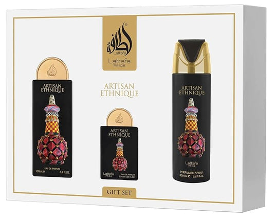 Lattafa Pride Artisan Ethnique – Spicy, Gourmand, Sweet, Ambery – 3-Piece Gift Set for Unisex (3.4 Oz Eau de Parfum Spray + 0.65 Oz Eau de Parfum Spray + 6.67 Oz Deodorant Spray)