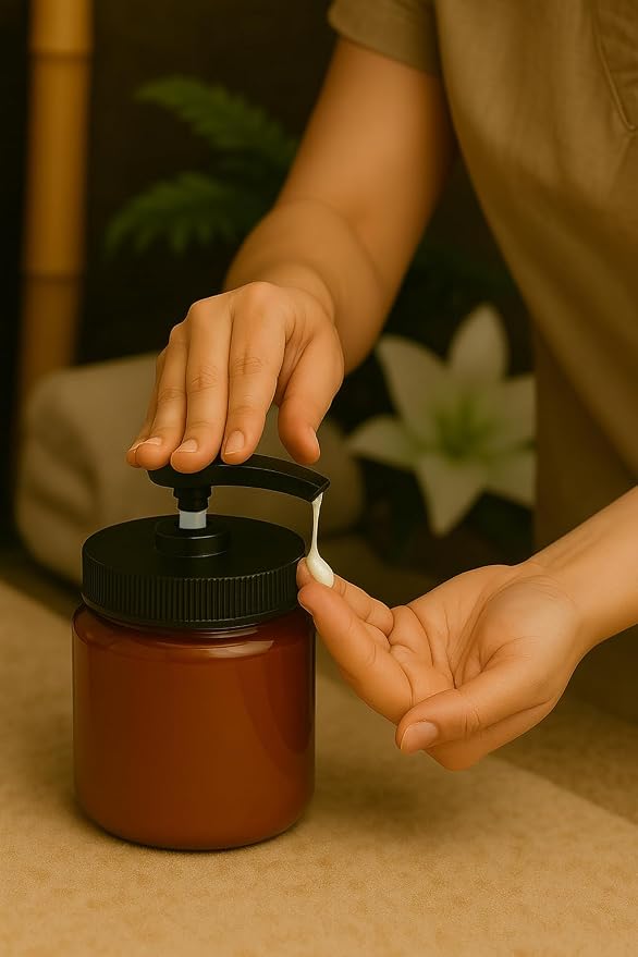 Royal Massage 16oz Refillable Pump Jar with Locking Dip Tube Dispenser – BPA-Free Plastic Container for Massage Oils, Lotions, Creams – Ribbed Lid Wide-Mouth Jar – Durable & Reusable (Amber/Black, 3)