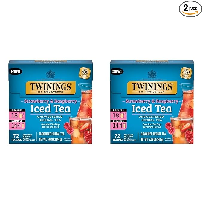 Twinings Strawberry & Raspberry Herbal Iced Tea, 72 Oversized Tea Bags, Makes 18 Pitchers or 144 Servings, Unsweetened, Naturally Caffeine-Free, 72 Count (Pack of 2)