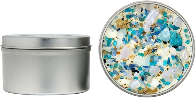 Throat Chakra Candle by New Moon Beginnings - Chakra Candles - Dried Flower, Herb, & Crystal Candles - Aromatherapy Candles - Soy Candle - 8oz Tin