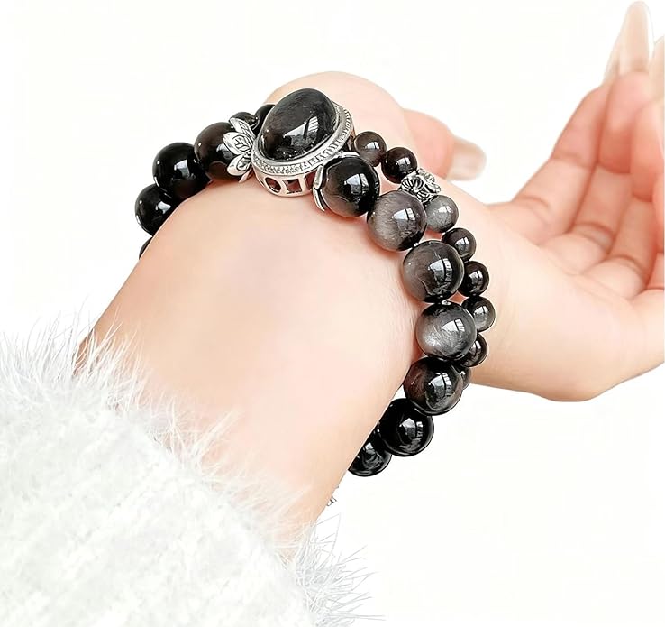 Black Obsidian Crystal Bracelet for Women, Stretch Elastic Bead Chakra Healing & Protection Bracelet, Positive Energy Jewelry Gift for Her, Girlfriend, Bestie, Birthday, Valentine‘s Day