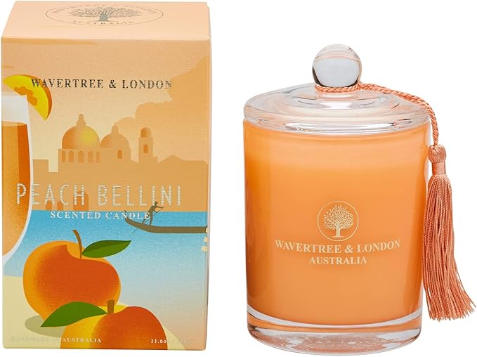 Luxury Peach Bellini Soy Wax Candle - Hand Poured in Australia, 11.66 oz Glass Jar Fancy Candle, Strong Scented, Non-Toxic, Long Lasting 60 Hour Burn, Refreshing Natural Citrus Candle Gift