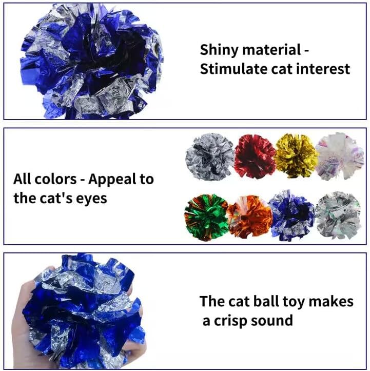 Andiker 3.54inch Mylar Cat Crinkle Balls, 4pcs Colorful and Sparkling Crinkle Ball Lightweight Easy to Carry Cat Ball Toy Interactive Cat Toys for Indoor Cats to Kill Time and Keep Fit (Mixing Color)